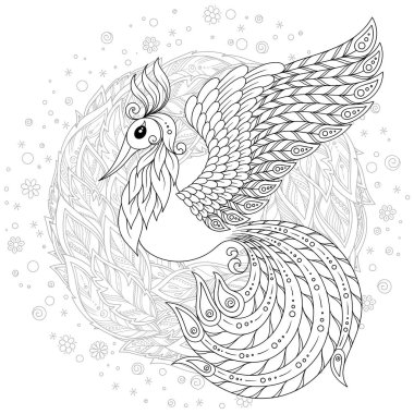 Egzotik kuş, harika çiçekler, yapraklar. Anti stres Boyama Page yüksek ayrıntılarla Firebird için. Yetişkinler ve çocuklar için boyama kitabı sayfası. Siyah beyaz kuş koleksiyonu. Resimde kümesi.