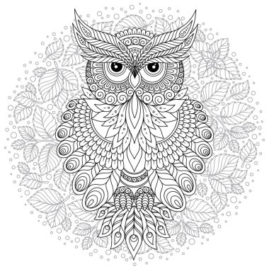 Yetişkin yaş ve üstü çocuklar için boyama kitabı. Şirin baykuş ve çerçeve çiçek boyama sayfası. Zentangle tarzında çizim anahat