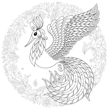 Fantezi çiçek bahçesi şirin kuş. Hayvanlar. Elle çizilmiş doodle. Etnik desenli illüstrasyon. Afrika, Hint, totem dövme tasarım. Avatar, dövme, poster, yazdırma için kroki veya t-shirt.