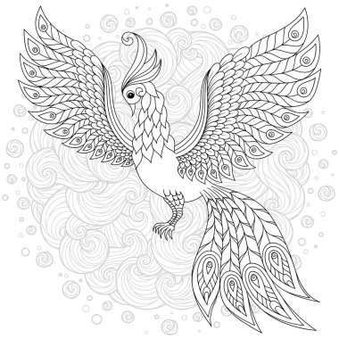 Egzotik kuş, harika çiçekler, yapraklar. Anti stres Boyama Page yüksek ayrıntılarla Firebird için. Yetişkinler ve çocuklar için boyama kitabı sayfası. Siyah beyaz kuş koleksiyonu. Resimde kümesi.