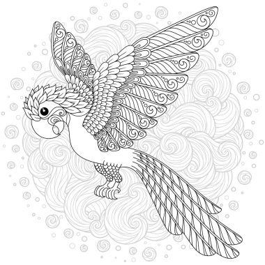 Zentangle stilize çizgi film papağan. El çizilmiş kroki yetişkin antistress boyama sayfası, T-shirt amblem, logo veya çiçek tasarım öğeleri ile dövme için.