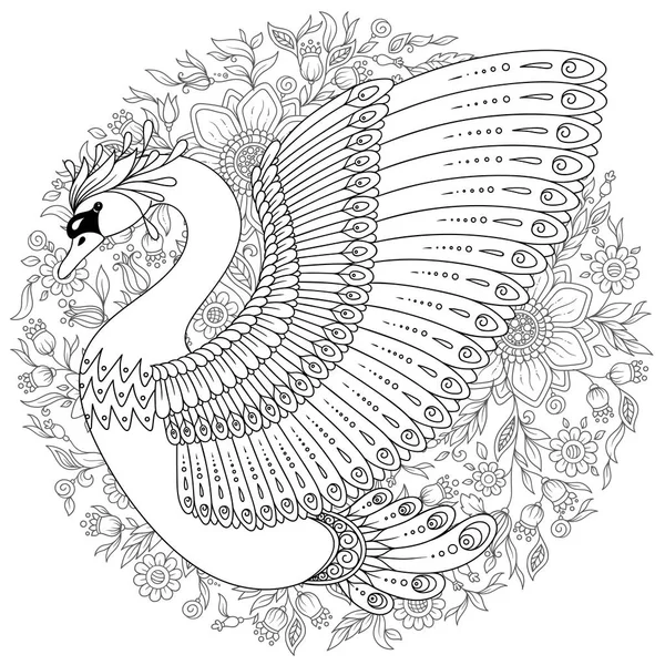 Dłoń Artystyczny Swan Dla Dorosłych Kolorowanki Doodle Zentangle Tribal Stylu — Wektor stockowy