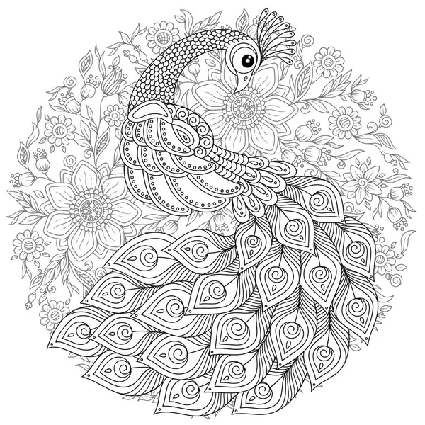 Peacock Zentangle Style Adult Antistress Coloring Page Black White Hand — Stock Vector