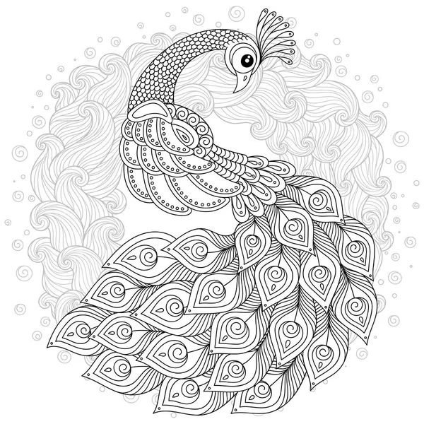 为动物抗应激的手绘孔雀着色页高细节 孤立在白色的背景 Zentangle 风格的插图 矢量单色素描 — 图库矢量图片