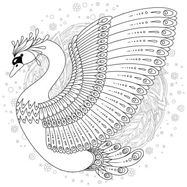 Elle çizilmiş kuğu beyaz izole etnik tarzda dekore edilmiştir. Görüntü yetişkin ve çocuk antistress boyama kitabı, sayfa, dövme için süslemeleri yemekleri, bardak, porselenler, tişört, elbise, çanta, Tunikler.