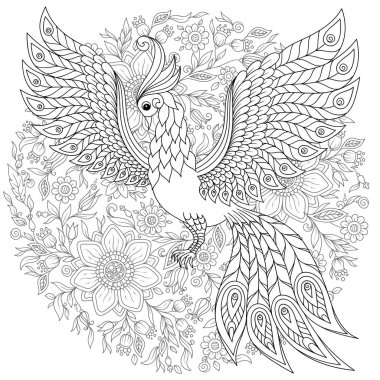 Egzotik kuş, harika çiçekler, yapraklar. Anti stres Boyama Page yüksek ayrıntılarla Firebird için. Yetişkinler ve çocuklar için boyama kitabı sayfası. Siyah beyaz kuş koleksiyonu. Resimde kümesi.