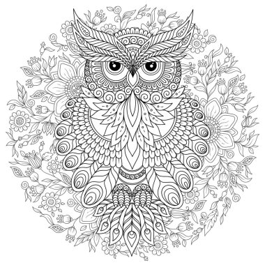 Yetişkin yaş ve üstü çocuklar için boyama kitabı. Şirin baykuş ve çerçeve çiçek boyama sayfası. Zentangle tarzında çizim anahat