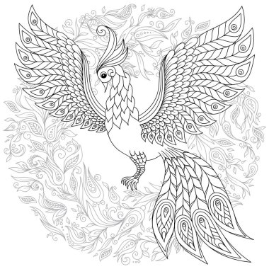 Fantezi çiçek bahçesi şirin kuş. Hayvanlar. Elle çizilmiş doodle. Etnik desenli illüstrasyon. Afrika, Hint, totem dövme tasarım. Avatar, dövme, poster, yazdırma için kroki veya t-shirt.