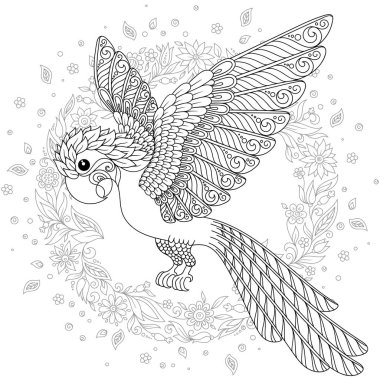 Zentangle stilize çizgi film muhabbet kuşu papağan. Anti stres boyama sayfası, T-shirt amblem, logo veya dövme doodle, zentangle, çiçek tasarım öğeleri ile yetişkin için el çizilmiş kroki.