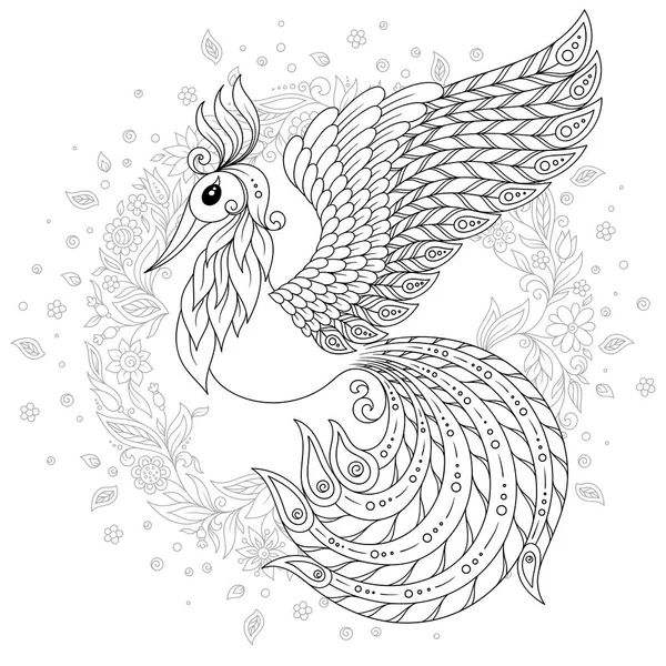 Exotic bird,fantastic flowers, leaves. Firebird for anti stress Coloring Page with high details. Coloring book page for adults and children. Black White Bird collection. Set of illustration.