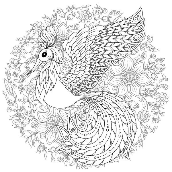 Exotic Bird Fantastic Flowers Leaves Firebird Stress Coloring Page High — Stock Vector