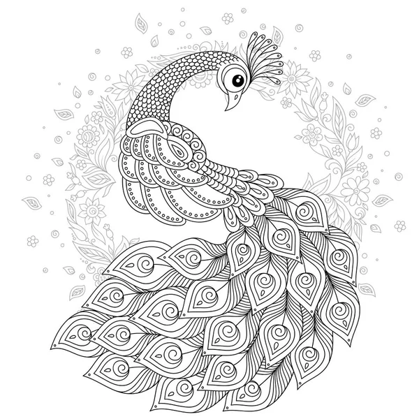 Hand Drawn Peacock Stress Coloring Page High Details Isolated White — Stock Vector