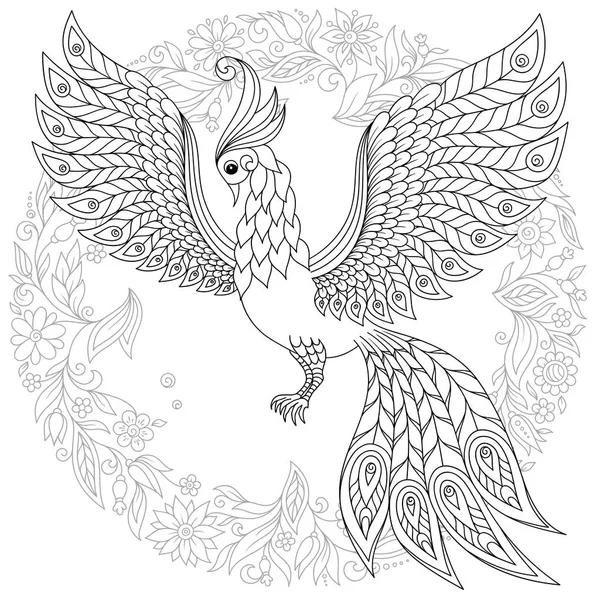 Exotic Bird Fantastic Flowers Leaves Firebird Stress Coloring Page High — Stock Vector