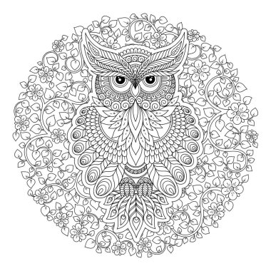 Dekoratif baykuş. Yetişkin antistress boyama sayfası. Siyah ve beyaz el boyama kitabı için çizilen illüstrasyon