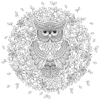 Yetişkin yaş ve üstü çocuklar için boyama kitabı. Şirin baykuş ve çerçeve çiçek boyama sayfası. Zentangle tarzında çizim anahat