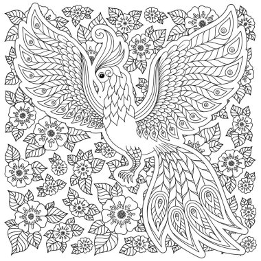 Fantezi çiçek bahçesi şirin kuş. Hayvanlar. Elle çizilmiş doodle. Etnik desenli illüstrasyon. Afrika, Hint, totem dövme tasarım. Avatar, dövme, poster, yazdırma için kroki veya t-shirt.