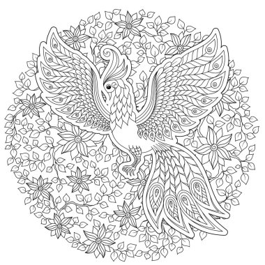 Fantezi çiçek bahçesi şirin kuş. Hayvanlar. Elle çizilmiş doodle. Etnik desenli illüstrasyon. Afrika, Hint, totem dövme tasarım. Avatar, dövme, poster, yazdırma için kroki veya t-shirt.