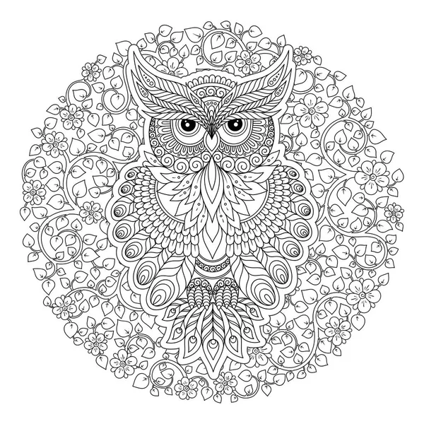 Dekoratif baykuş. Yetişkin antistress boyama sayfası. Siyah ve beyaz el boyama kitabı için çizilen illüstrasyon