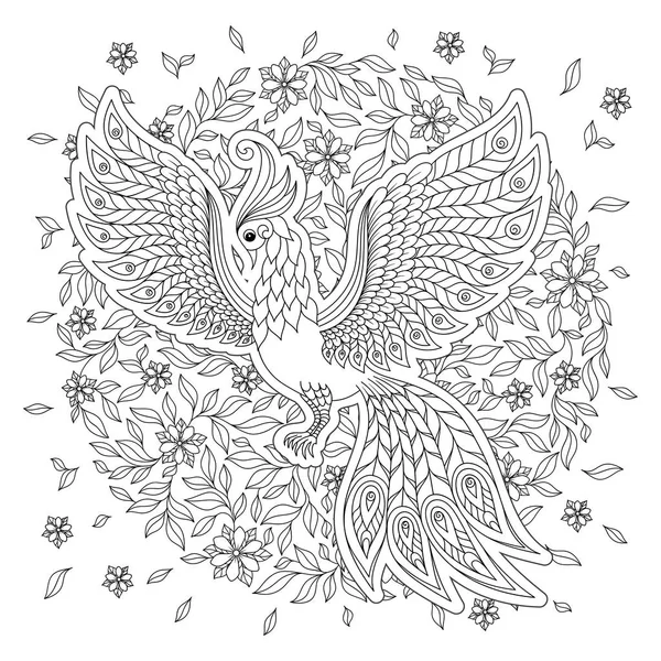Uccello Carino Nel Giardino Dei Fiori Fantasia Animali Scarabocchio Disegnato — Vettoriale Stock