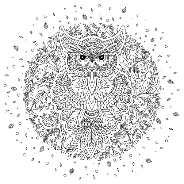 Dekoratif baykuş. Yetişkin antistress boyama sayfası. Siyah ve beyaz el boyama kitabı için çizilen illüstrasyon