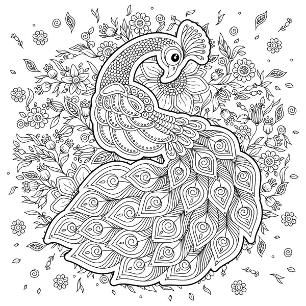Peacock Zentangle Style Adult Antistress Coloring Page Black White Hand — Stock Vector