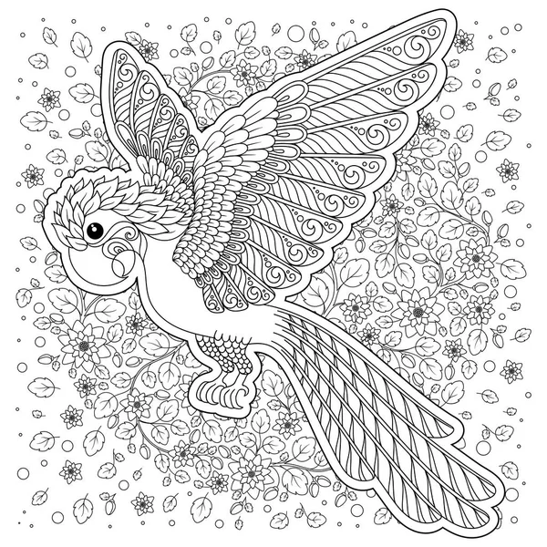 Papegaai Tropische Vogel Vectorillustratie Kleurboek Voor Volwassenen Oudere Kinderen Kleurplaat — Stockvector