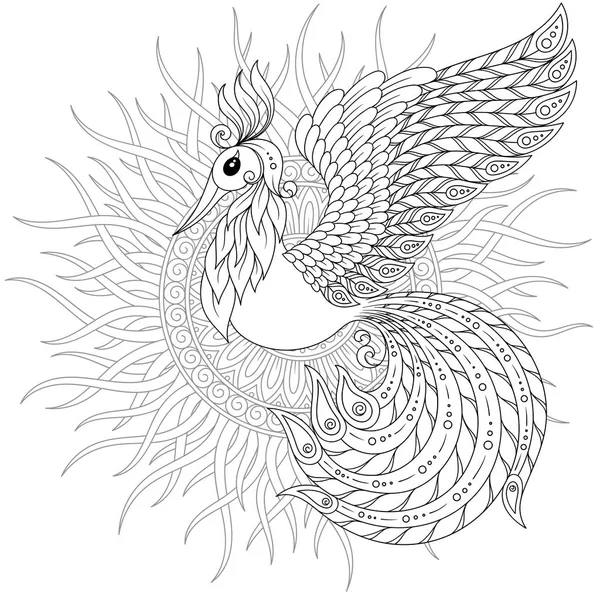 Exotic Bird Fantastic Flowers Leaves Firebird Stress Coloring Page High — Stock Vector
