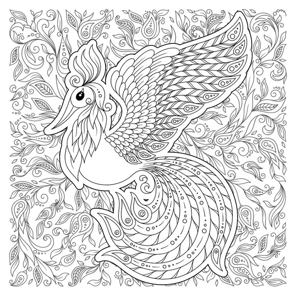 Exotic bird,fantastic flowers, leaves. Firebird for anti stress Coloring Page with high details. Coloring book page for adults and children. Black White Bird collection. Set of illustration.