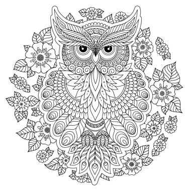 Dekoratif baykuş. Yetişkin antistress boyama sayfası. Siyah ve beyaz el boyama kitabı için çizilen illüstrasyon