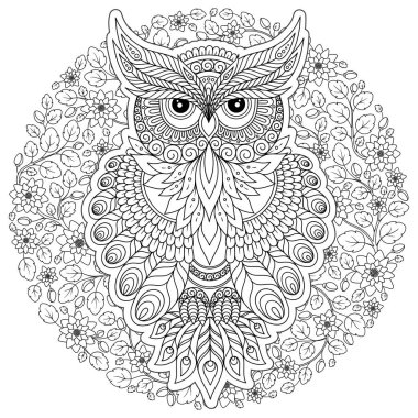 Dekoratif çizgi film baykuş zentangle tarzı. Yetişkin renklendirme kitap sayfası. Elle çizilmiş vektör çizim üzerinde beyaz izole.