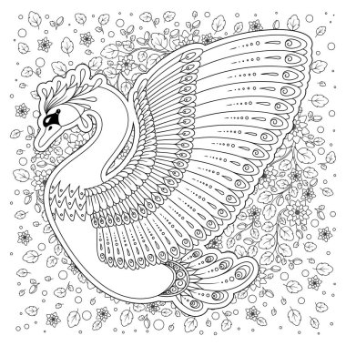 Elle çizilmiş bir şekilde dekore edilmiş kuğu ve çiçekler üzerinde beyaz izole etnik tarzda. Görüntü yetişkin, çocuk boyama kitabı, sayfa, dövme, süslemeleri yemekleri, fincan, porselen, t-shirtler, elbise, çanta, Tunikler