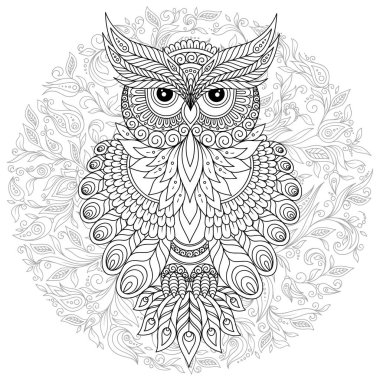 Dekoratif çizgi film baykuş zentangle tarzı. Yetişkin renklendirme kitap sayfası. Elle çizilmiş vektör çizim üzerinde beyaz izole.