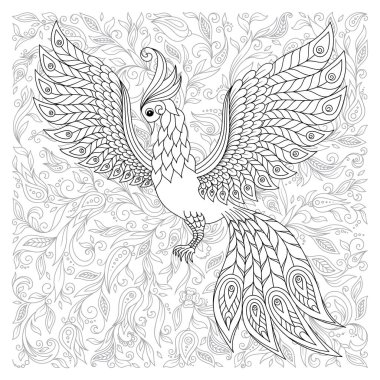 Egzotik kuş, harika çiçekler, dalları, yaprakları. Kontur ince çizgi çizme. Vektör fantezi stilize Kakadu orman papağan siluet. T-shirt baskı. Yetişkinler ve çocuklar için boyama kitabı sayfası. Siyah beyaz