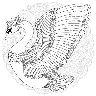 Elle çizilmiş üzerinde beyaz izole mandala kuğu süslenmiş. Boho tarzı. Görüntü yetişkin renklendirme kitaplar, sayfaları, dövme için süslemeleri yemekleri, bardak, porselenler, gömlek, elbise, çanta, tunikler.