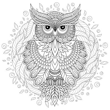 Yetişkin yaş ve üstü çocuklar için boyama kitabı. Şirin baykuş ve çerçeve çiçek boyama sayfası. Zentangle tarzında çizim anahat