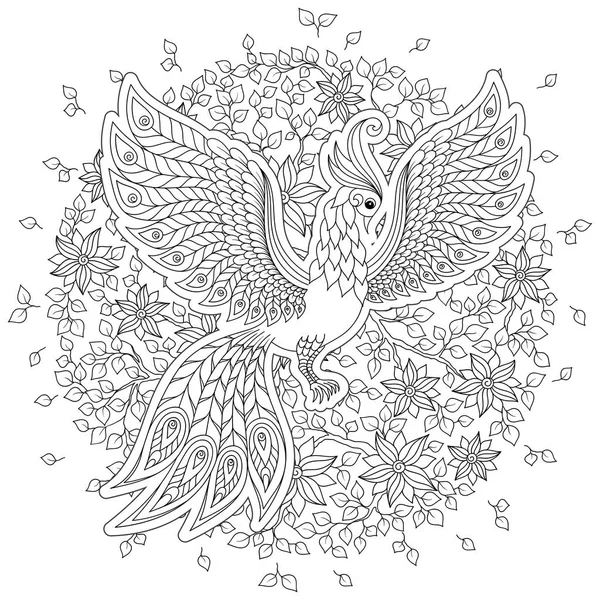 Egzotik kuş, harika çiçekler, yapraklar. Anti stres Boyama Page yüksek ayrıntılarla Firebird için. Yetişkinler ve çocuklar için boyama kitabı sayfası. Siyah beyaz kuş koleksiyonu. Resimde kümesi.
