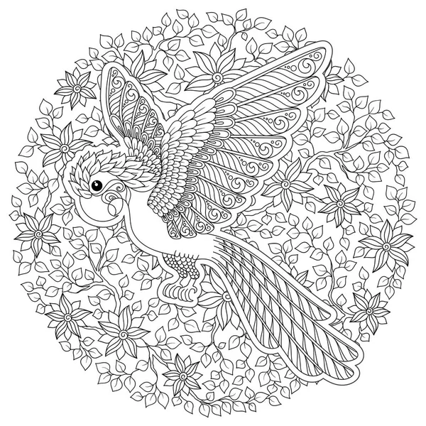 Vektör çizim beyaz arka plan dekoratif kakadu. Yetişkin renklendirme moda trendi. Kuş papağan. Siyah ve beyaz. Modern tasarım.
