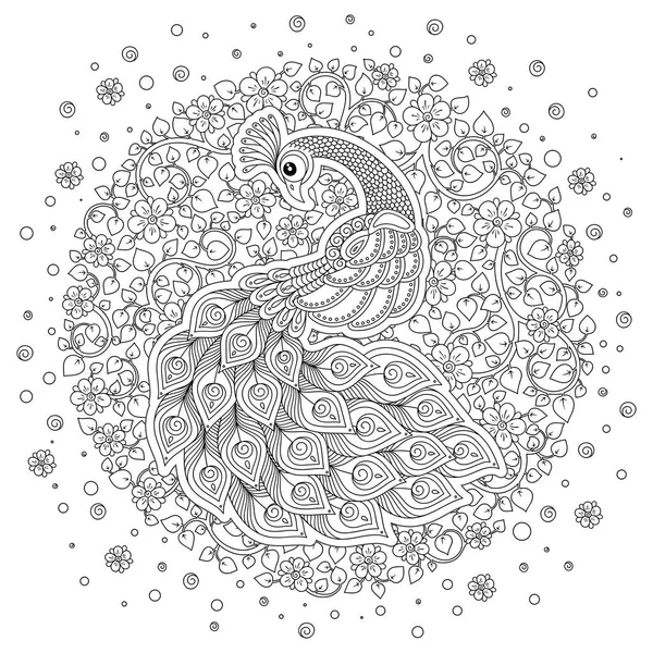 Tavus kuşu. Yetişkin antistress boyama sayfası. Siyah ve beyaz el boyama kitabı için çizilmiş doodle