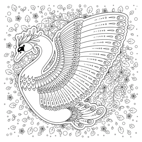 Hand Drawn Decorated Swan Flowers Ethnic Style Isolated White Image — Stock Vector