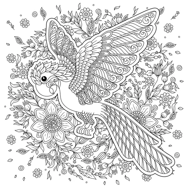 Papağan. Tropik kuş. Vektör çizim. Yetişkin yaş ve üstü çocuklar için boyama kitabı. Boyama sayfası. Anahat çizme.