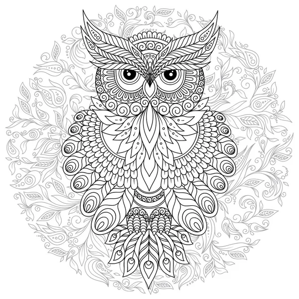 Dekoratif çizgi film baykuş zentangle tarzı. Yetişkin renklendirme kitap sayfası. Elle çizilmiş vektör çizim üzerinde beyaz izole.