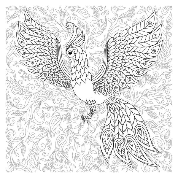 Egzotik kuş, harika çiçekler, dalları, yaprakları. Kontur ince çizgi çizme. Vektör fantezi stilize Kakadu orman papağan siluet. T-shirt baskı. Yetişkinler ve çocuklar için boyama kitabı sayfası. Siyah beyaz