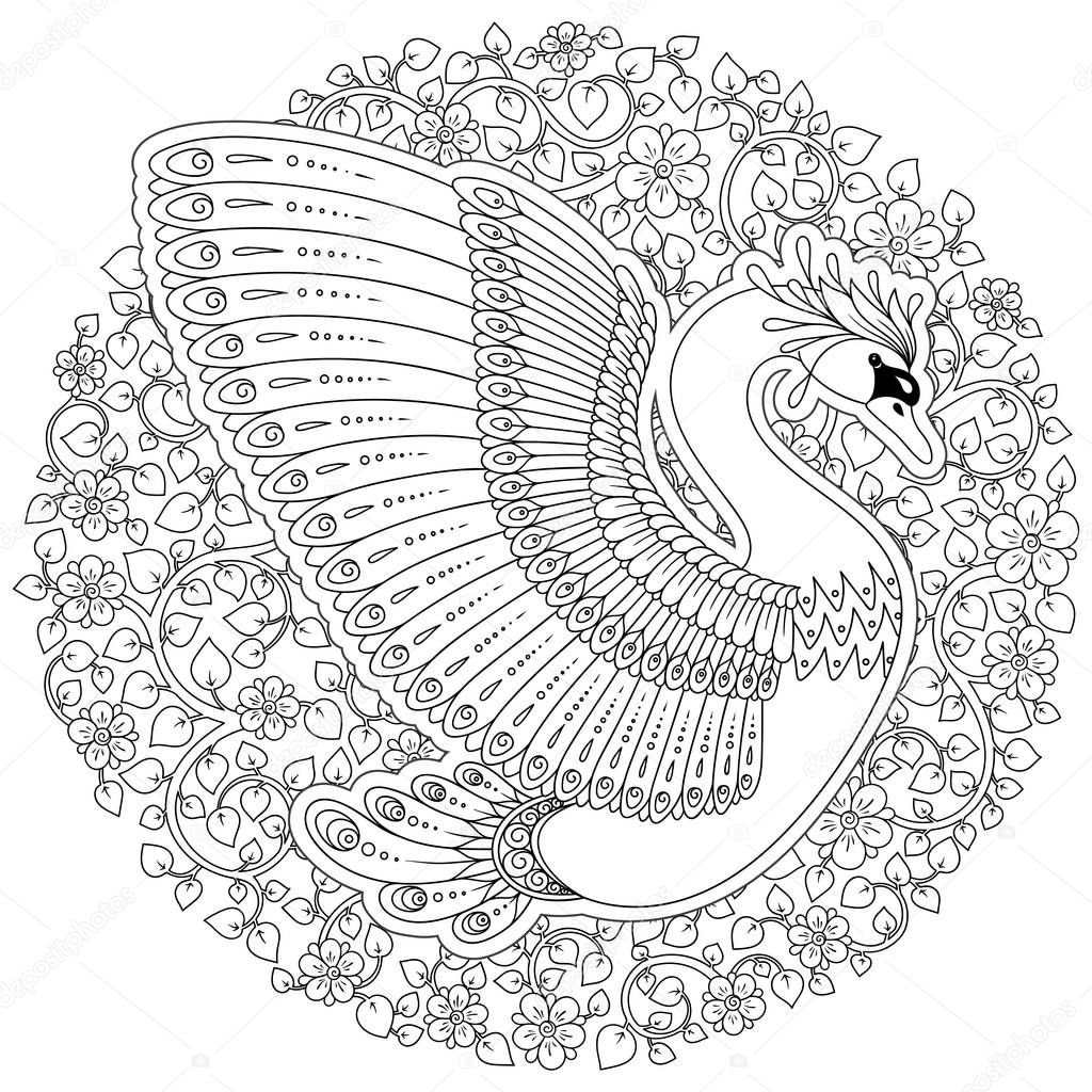 Hand drawing artistic Swan for adult coloring pages in doodle, zentangle tribal style, ethnic ornamental patterned tattoo, logo, t-shirt or prints. Bird vector illustration.