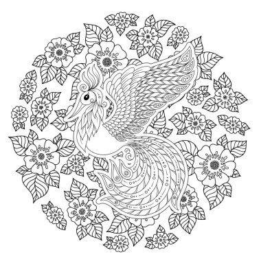 Egzotik kuş, harika çiçekler, yapraklar. Anti stres Boyama Page yüksek ayrıntılarla Firebird için. Yetişkinler ve çocuklar için boyama kitabı sayfası. Siyah beyaz kuş koleksiyonu. Resimde kümesi.