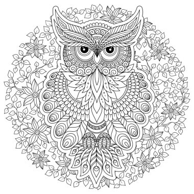 Dekoratif baykuş. Yetişkin antistress boyama sayfası. Siyah ve beyaz el boyama kitabı için çizilen illüstrasyon