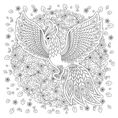 Egzotik kuş, harika çiçekler, yapraklar. Anti stres Boyama Page yüksek ayrıntılarla Firebird için. Yetişkinler ve çocuklar için boyama kitabı sayfası. Siyah beyaz kuş koleksiyonu. Resimde kümesi.