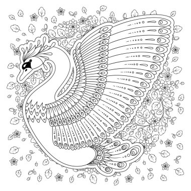 Egzotik kuş, harika çiçekler, yapraklar. El sanatsal Swan için yetişkin renklendirme sayfa doodle içinde çizimi. Yetişkinler ve çocuklar için boyama kitabı sayfası. Siyah beyaz kuş koleksiyonu. Resimde kümesi.