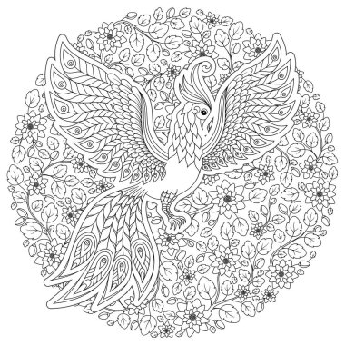 Egzotik kuş, harika çiçekler, yapraklar. Anti stres Boyama Page yüksek ayrıntılarla Firebird için. Yetişkinler ve çocuklar için boyama kitabı sayfası. Siyah beyaz kuş koleksiyonu. Resimde kümesi.