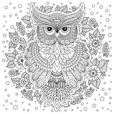 Yetişkin yaş ve üstü çocuklar için boyama kitabı. Şirin baykuş ve çerçeve çiçek boyama sayfası. Zentangle tarzında çizim anahat