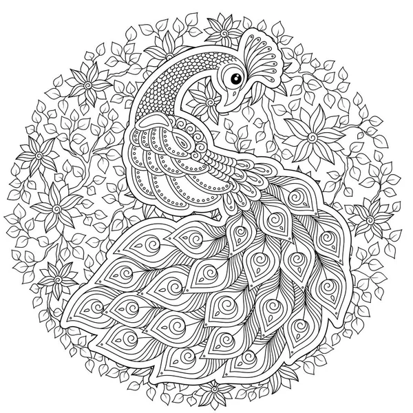 Peacock Adult Antistress Coloring Page Black White Hand Drawn Doodle — Stock Vector
